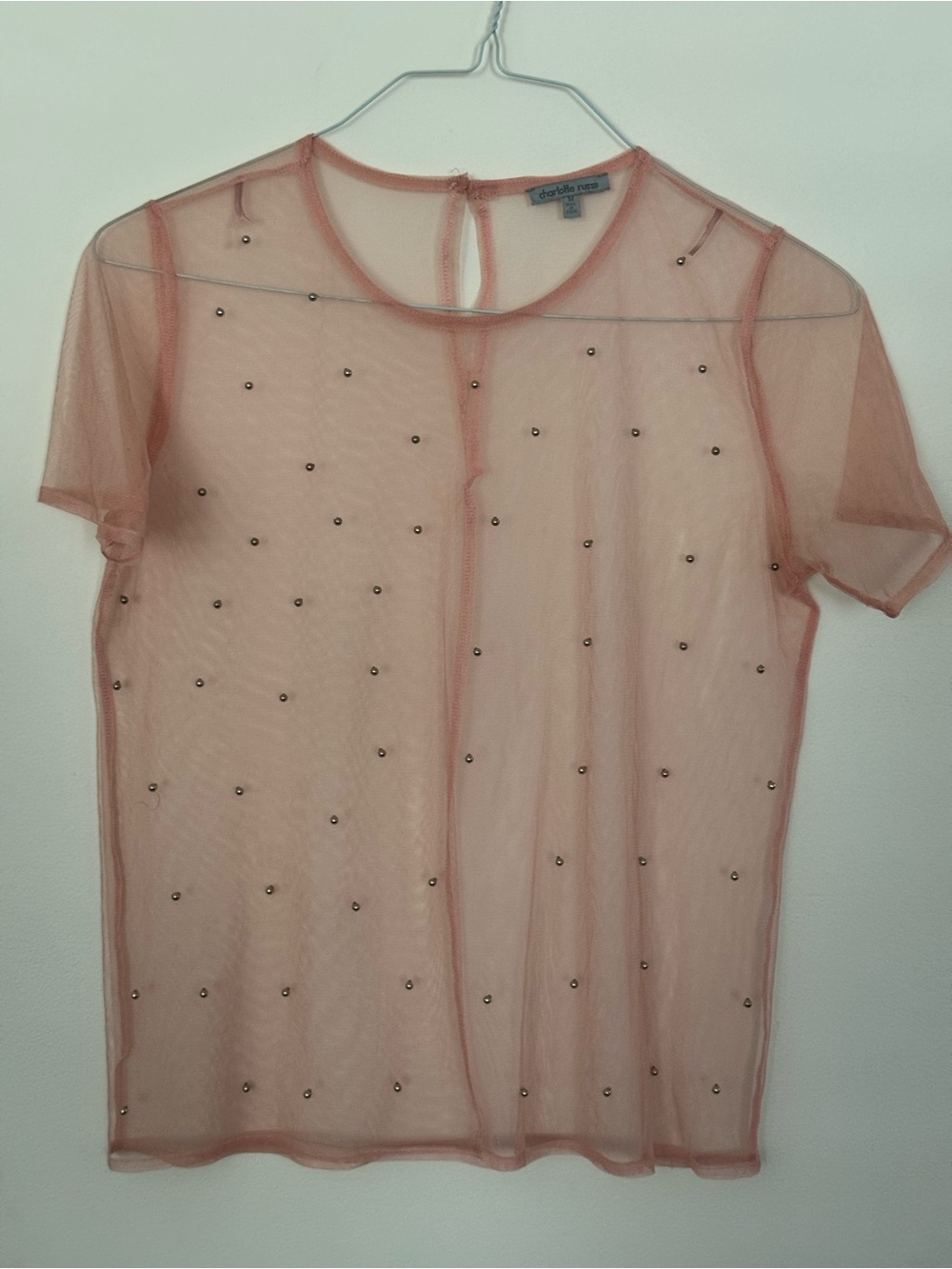Charlotte Russe Sheer Beaded Short Sleeve Top - Rose